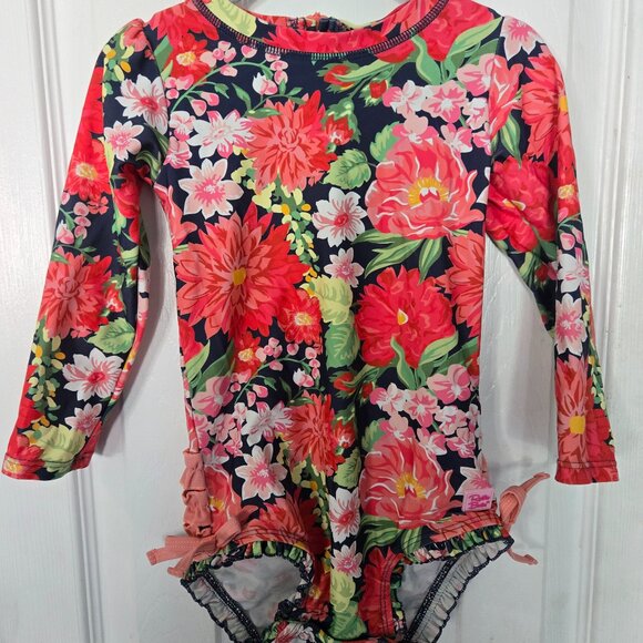 Ruffle Butts Floral Kids Swim Rashguard - Pink and Green - Picture 1 of 3